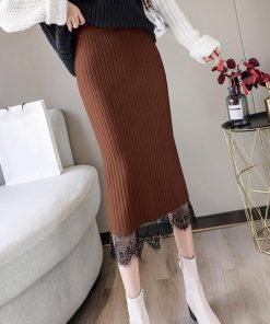 タイトスカート | ストレッチ ミモレ丈 リブ編み リブニットスカート 暖か スリット 裾レース ボトムス ウエストゴム スカート ロングスカート