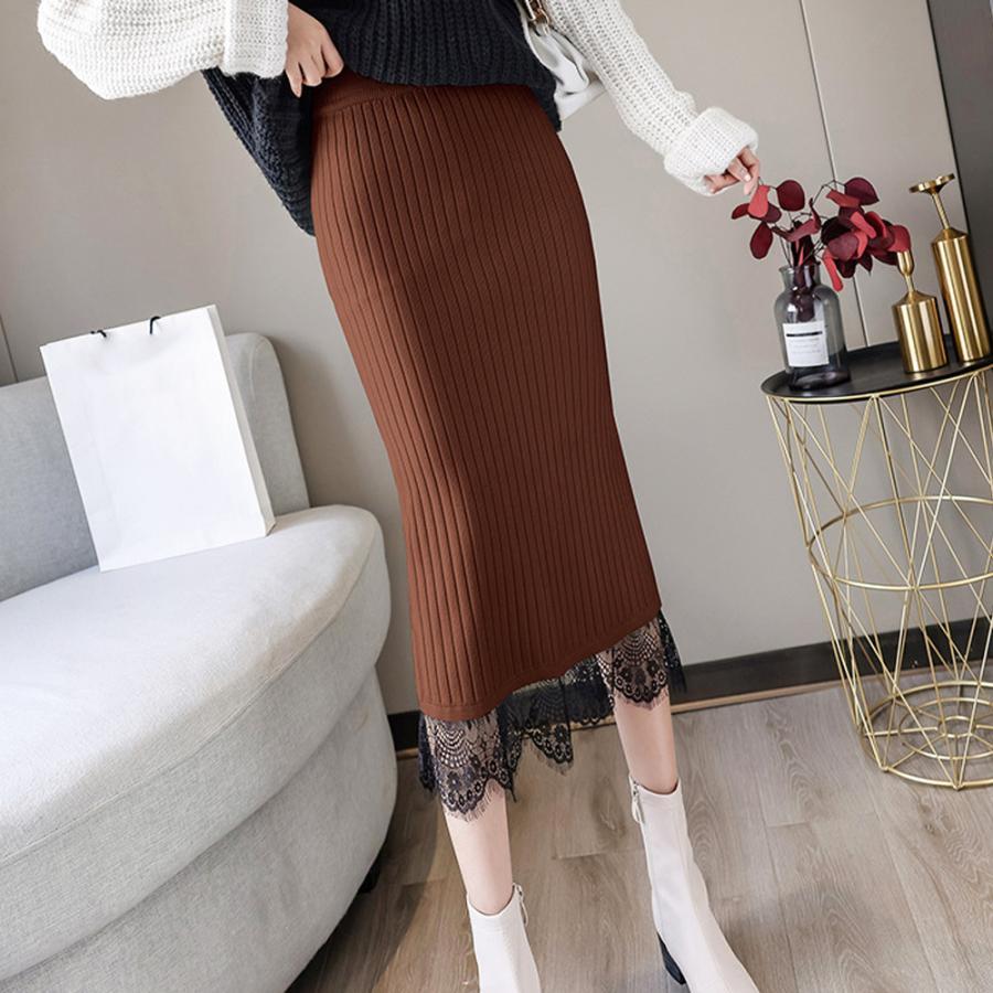 タイトスカート | ストレッチ ミモレ丈 リブ編み リブニットスカート 暖か スリット 裾レース ボトムス ウエストゴム スカート ロングスカート