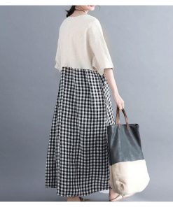 在庫ある | 短納期ロングリネンAラインワンピース ゆったりチェックワンピース 切り替えドッキングワンピ レディース 薄手 春夏衣装 通学通勤 オフィス カジュアル 海