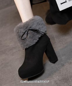 ブーツ | ショートレディース 10cmハイヒール ファー 冬用 保温防寒 太めヒール サイドジッパー スエード調 痛くない 冬靴 オシャレ 歩きやすい 痛くない
