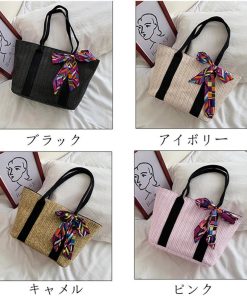 ハンドバッグ | 草編みバッグ リボン スカーフ付き かごバッグ 手提げバッグ レディース ストローバッグ 大容量 トートバッグ ハンドバッグ