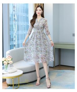 ミディアム | ワンピース 膝丈 花柄 きれいめ 5分袖 カジュアル Aラインスカート 上品 着痩せ ミディアムワンピース お出かけ シフォン 日常感 通気性 大人 エレガント