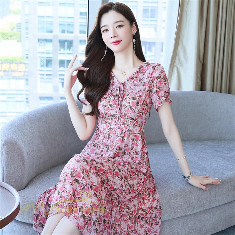 ミディアム | ワンピース レディース Aライン カジュアル Vネック サマー 半袖 ひざ丈 ミディアムワンピース 大きいサイズ 上品 花柄 着痩せ サマーワンピース 夏服