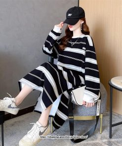 マキシ | ワンピース レディース 秋 秋服 綿コットン ボーダー柄 コットン ワンピース 長袖ボーダー ロングワンピース サイドスリット 20代 40代 30代 50代