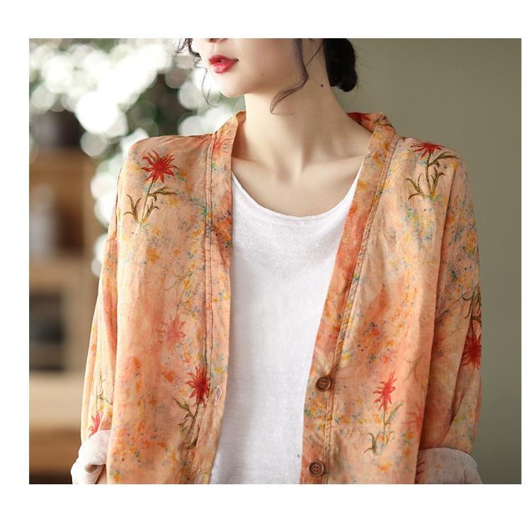 カーディガン | 麻混 レディース 花柄 初秋 リネン カジュアル Vネック 長袖 羽織 きれいめ 春 夏 秋 薄手 おしゃれ 40代50代 ゆったり 20代30代 大きいサイズ