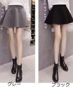 スカート | 秋冬ツイードフレアミニウエストゴム Aラインハイウエスト 無地 黒可愛い 膝上丈 大人 30代