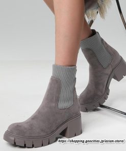 ショートブーツ | 大きいサイズ27cm レディース 上品 ブーツ 秋冬 春 厚底ブーツ ラウンドトゥ ソックス切り替え 太ヒール 大人 チャンキーヒール 黒ブーツ