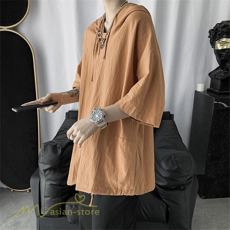 Tシャツ | トップス メンズ カットソー パーカー フード付き カジュアル 無地 7分丈 ゆったり 大きいサイズ 20代 30代 夏新作 ルームウェア 体型カバー シンプル