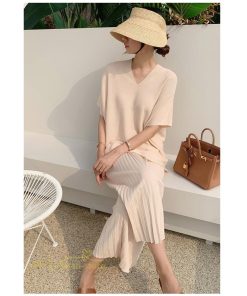 送料無料SALE | セットアップ ニット トップス パンツ ストレッチ 涼感 夏ニット 半袖 九分丈 ウエストゴム レディース 2点セット 30代40代 無地 ゆったり Vネック 上品