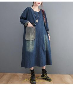 デニムワンピース | ワンピース デニム レディース 40代 ロング チュニック 長袖 ゆったり かわいい 大きいサイズ 藍 大きいポケット 体型カバー