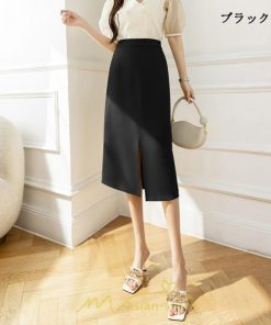 スカート | ボトムス 膝下 スリット ひざ下 Aライン ウエストゴム 楽 大人 きれいめ 20代 30代 40代 サイドチャック 通勤 上品 ビジネス オフィス