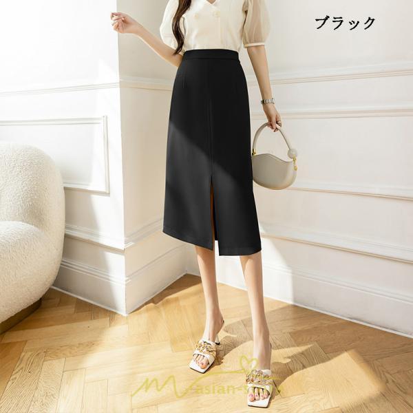 スカート | ボトムス 膝下 スリット ひざ下 Aライン ウエストゴム 楽 大人 きれいめ 20代 30代 40代 サイドチャック 通勤 上品 ビジネス オフィス