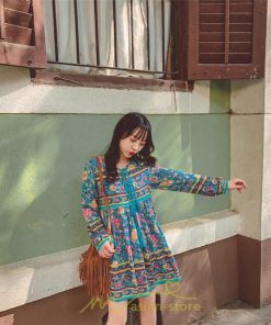 ミニ丈 | ワンピース レディース 春 夏 長袖 膝上 ショート 民族風 花柄 エスニック ボヘミアン 高品質 海外旅行 海デート 着痩せ Vネック レトロ リゾート カジュアル