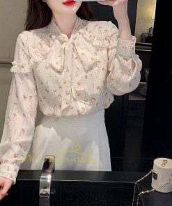 シャツ・ブラウス | ブラウス トップス シャツ レディース シフォン 無地 長袖シャツ ファッション カジュアル エレガント 細身 優雅 通勤 花柄 新作 リボン付き 上品 オシャレ OL