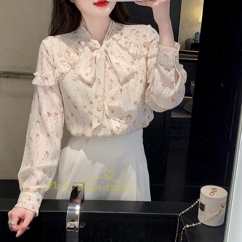シャツ・ブラウス | ブラウス トップス シャツ レディース シフォン 無地 長袖シャツ ファッション カジュアル エレガント 細身 優雅 通勤 花柄 新作 リボン付き 上品 オシャレ OL