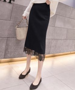 タイトスカート | ストレッチ ミモレ丈 リブ編み リブニットスカート 暖か スリット 裾レース ボトムス ウエストゴム スカート ロングスカート