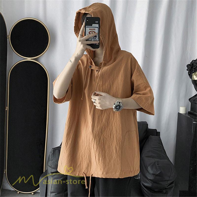 Tシャツ | トップス メンズ カットソー パーカー フード付き カジュアル 無地 7分丈 ゆったり 大きいサイズ 20代 30代 夏新作 ルームウェア 体型カバー シンプル