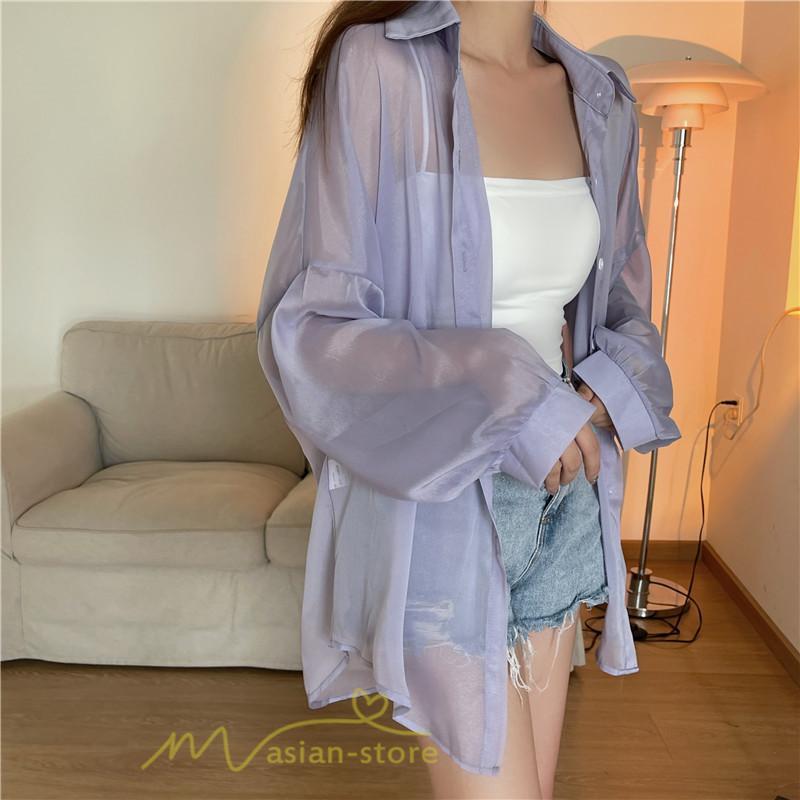 カーディガン | UVカット 接触冷感 シャツ レディース サマーシフォン 透け感 冷房対策 涼感 ひんやり 薄手 シンプル トップス 長袖 体型カバー