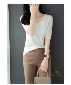 ｔシャツ・カットソー | サマーニット レディース Vネック トップス ニット 半袖 春服 春物 ニットチュニック 無地 きれいめ 春夏 黒 リブ 夏ニット 白 5分袖 涼し気