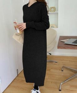 ニットワンピース | ワンピース 秋冬 太めリブニット ロングワンピース ミモレ丈 無地 フード付き 帽子 ストレッチ 大人 セーター 50代 長袖 20代30代 アウター