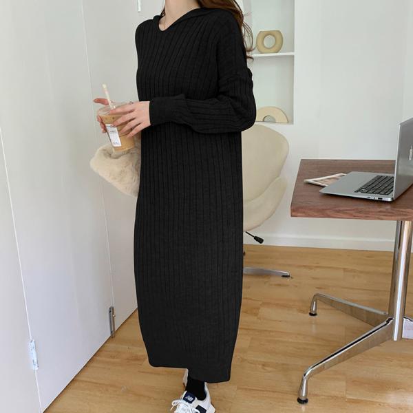 ニットワンピース | ワンピース 秋冬 太めリブニット ロングワンピース ミモレ丈 無地 フード付き 帽子 ストレッチ 大人 セーター 50代 長袖 20代30代 アウター