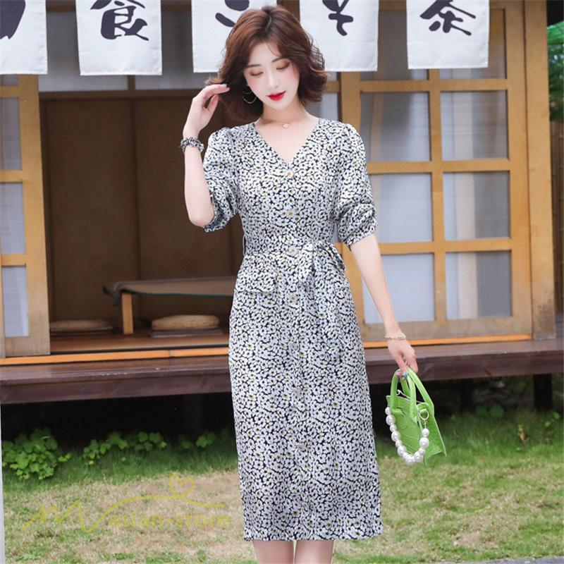 ミディアム | ワンピース レディース 着痩せ 花柄 Vネック 半袖 膝丈 サマーワンピース きれいめ エレガント 30代 40代 50代 大人 春 薄手 ひざ丈 お出かけ 上品 夏 デート