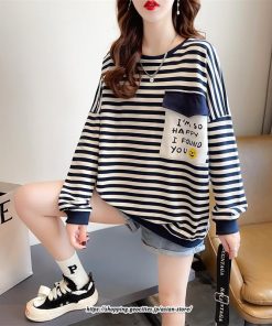 パーカー | トレーナー レディース スウェット 大きいサイズ 韓国 トップス 長袖 おしゃれ ボーダー柄 Tシャツ 大きいサイズ 体型カバー 送料無料 大きいポケット