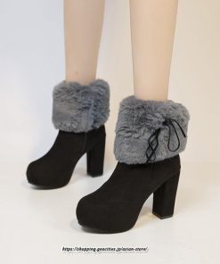 ブーツ | ショートレディース 6cmヒール ファー サイドジッパー 太めヒール 冬 保温 防寒 大きいサイズ 痛くない 冬靴 あったか オシャレ 疲れない