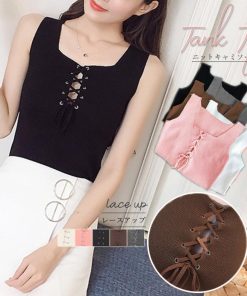 Tシャツ・カットソー | ニットキャミソール レースアップ 春夏 ノースリーブ レディース ニットビスチェ タンクトップ トップス