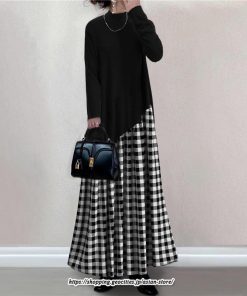 フレア | ドッキングワンピース 無地 チェック柄 長袖 レディース 秋物 ワンピース ロング丈 30代60代 フレアワンピース 不規則 丸首 切替 Tシャツワンピース 黒白