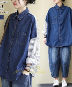 シャツ・ブラウス | デニム風シャツ レディース 異素材切替 シャツブラウス カジュアル 長袖シャツ 春服 胸ポケット トップス ゆったり 20代30代40代50代 おしゃれ 羽織り 通勤通学