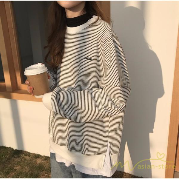 パーカー | フェイクレイヤード風トレーナー レディース ゆったりシルエット 切替 長袖 トップス フードなしボーダー ロングTシャツ サイドスリット入れ
