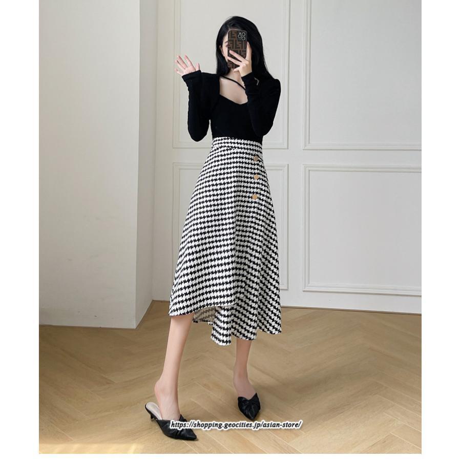 スカート | ロングきれいめ レディース ロング丈 Aライン 20代 30代 40代 50代 秋 冬 千鳥格柄 細見え 可愛い ハイウエスト お出かけ 高見え