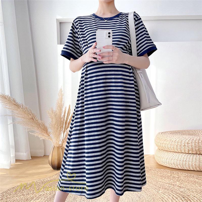 ワンピース | マタニティレディース ストライプ 着痩せ ゆる妊婦服 夏 サマーママ着 大きいサイズ 産前産後 上品 シンプル 大きいサイズ