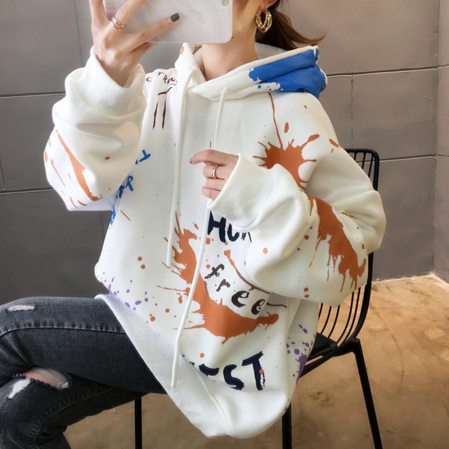 パーカ | レディース 秋冬 ペイント柄 スウェット ポケット付き 韓国風 長袖トレーナー 裏起毛 フード付き おしゃれ パーカー プルオーバー