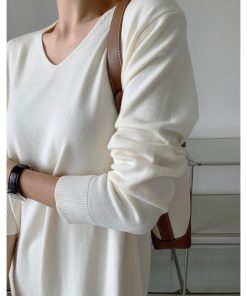 ニットワンピース | ワンピース 秋冬 ロングワンピース ミモレ丈 無地 ゆったり 体型カバー 柔らか 大人 長袖 20代30代 セーター Vネック アウター ニット 50代