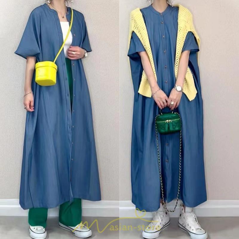 マキシ | シャツワンピース 大きいサイズ ロングワンピース 半袖 羽織り 五分袖 夏服 レディース オーバーサイズ ゆったり 無地 30代40代 シャツ ワンピース 可愛い
