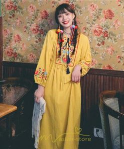 マキシ | ワンピース ロングワンピ パーティー お呼ばれ デート ゆったり 女子会 食事会 白 赤 黄色 青 Aライン 長袖 エスニック風 2022年夏秋新作 刺繍 Vネック 綿麻