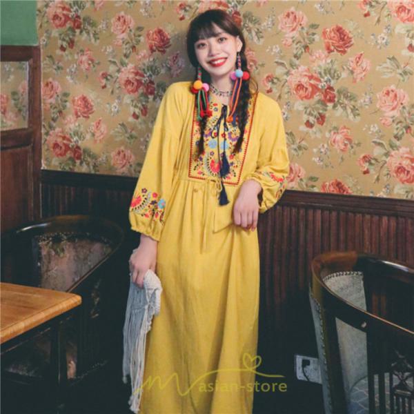 マキシ | ワンピース ロングワンピ パーティー お呼ばれ デート ゆったり 女子会 食事会 白 赤 黄色 青 Aライン 長袖 エスニック風 2022年夏秋新作 刺繍 Vネック 綿麻
