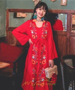 マキシ | エスニック刺繍ワンピース ロングワンピース 夏 秋 長袖 大人可愛い ゆったり リゾート 民族風 刺繍 着痩せ 20代30代40代 大人 Aライン エレガント 体型カバー