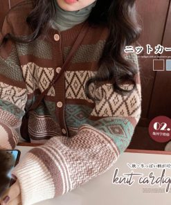 ニット・セーター | 幾何学柄カーディガン配色切替え韓国風