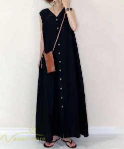 ノースリーブ | 夏ワンピース 20代30代 ロングワンピース 40代50代 タンクトップワンピース Aラインワンピース ゆったり ボタン 綿 レディース Vネック 無地