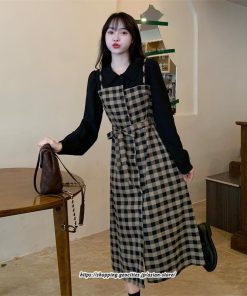 マキシ | ワンピース レディース 大きいサイズ チェック柄 リボン フレア 切り替え 重ね着風 レイヤード風 秋コーデ 秋 可愛い 若見え 冬 オシャレ 着痩せ