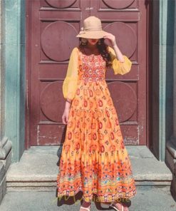 マキシ | マキシ丈ワンピース 夏 リゾート 花柄 ロング丈ワンピース ロング 七分袖 民族風 エスニック風 体型カバー 可愛い おしゃれ フェミニン 着痩せ 上品