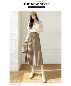 スカート | プリーツロングミモレ丈 Aラインウエストゴム ハイウエスト 秋冬 無地 ゆったり 大人 通学通勤 プリーツ エレガント