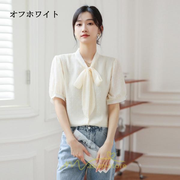 シャツ・ブラウス | ブラウス レディース おしゃれ きれいめ 半袖ブラウス カジュアル 無地 フォーマル オフィス オフホワイト 黒 シフォン OL 蝶結び 通勤 新作 お出かけ ビジネス