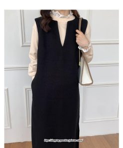 マキシ | ワンピース ジャンパースカート ジャンスカ 深Vネック ロングワンピース Vネック 】 ウール混深Vネックジャンスカ スリット入り【