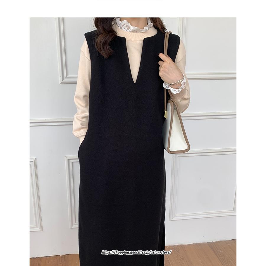 マキシ | ワンピース ジャンパースカート ジャンスカ 深Vネック ロングワンピース Vネック 】 ウール混深Vネックジャンスカ スリット入り【