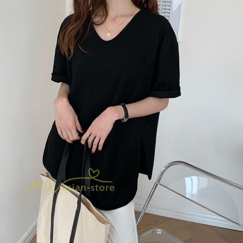 tシャツ・カットソー | Tシャツ ティーシャツ トップス カットソー レディース 春 夏 半袖 無地 綿 スリット 20代30代40代50代 お出かけ 体型カバー 通勤通学 着回し カジュアル 上品