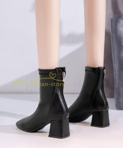 ショートブーツ | ブーティー ブーツ レディース シューズ 靴 太ヒール チャンキーヒール 合皮ブーツ PUブーツ くつ 黒靴 春秋冬 後ろファスナー 大人 美脚